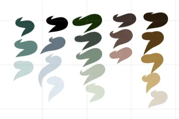 Brush-stroke color swatches for the mural in teal, slate blue, sage green, mauve brown and ochre, each running from dark to light