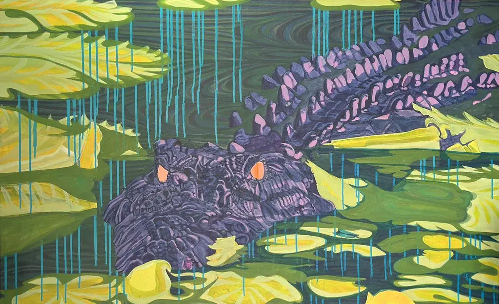 Painting of a purple alligator with orange eyes surfacing among yellow-green lily pads, with blue drips running down the canvas