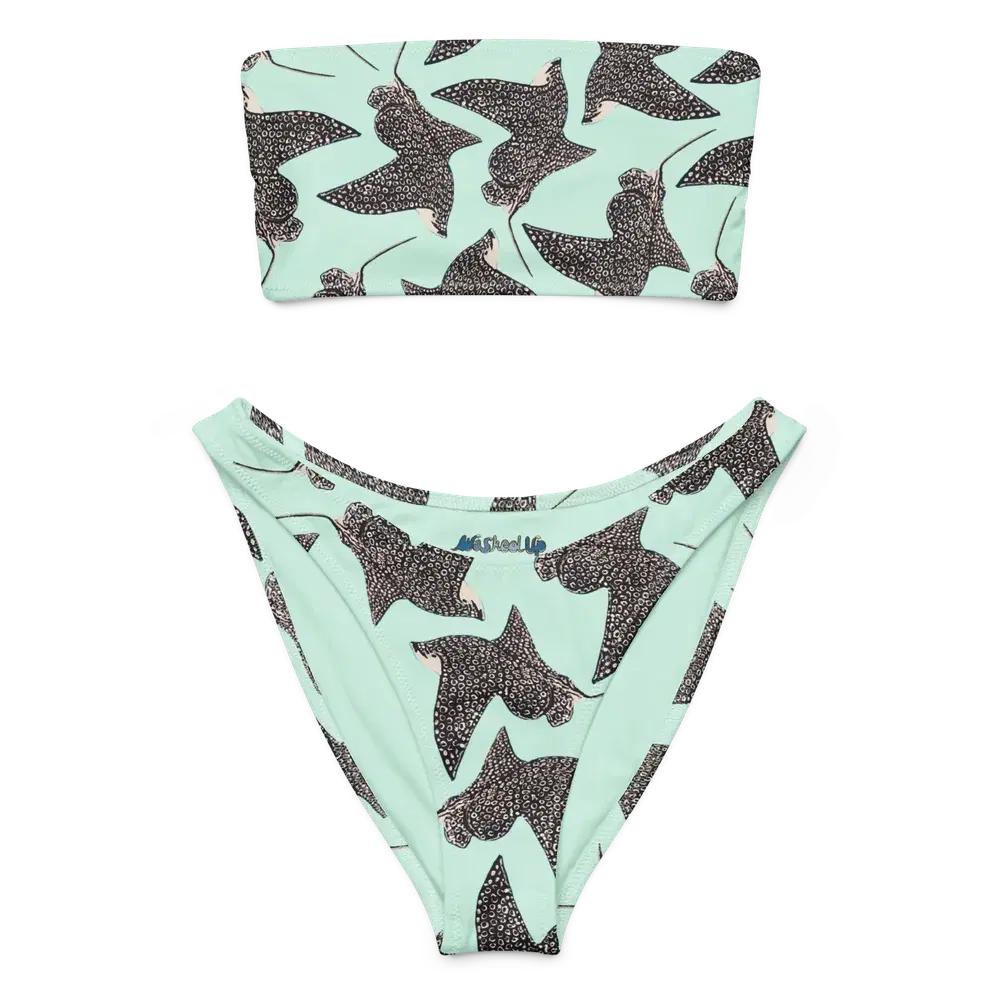Mint green bandeau bikini top and high-cut bottom in a spotted eagle ray print
